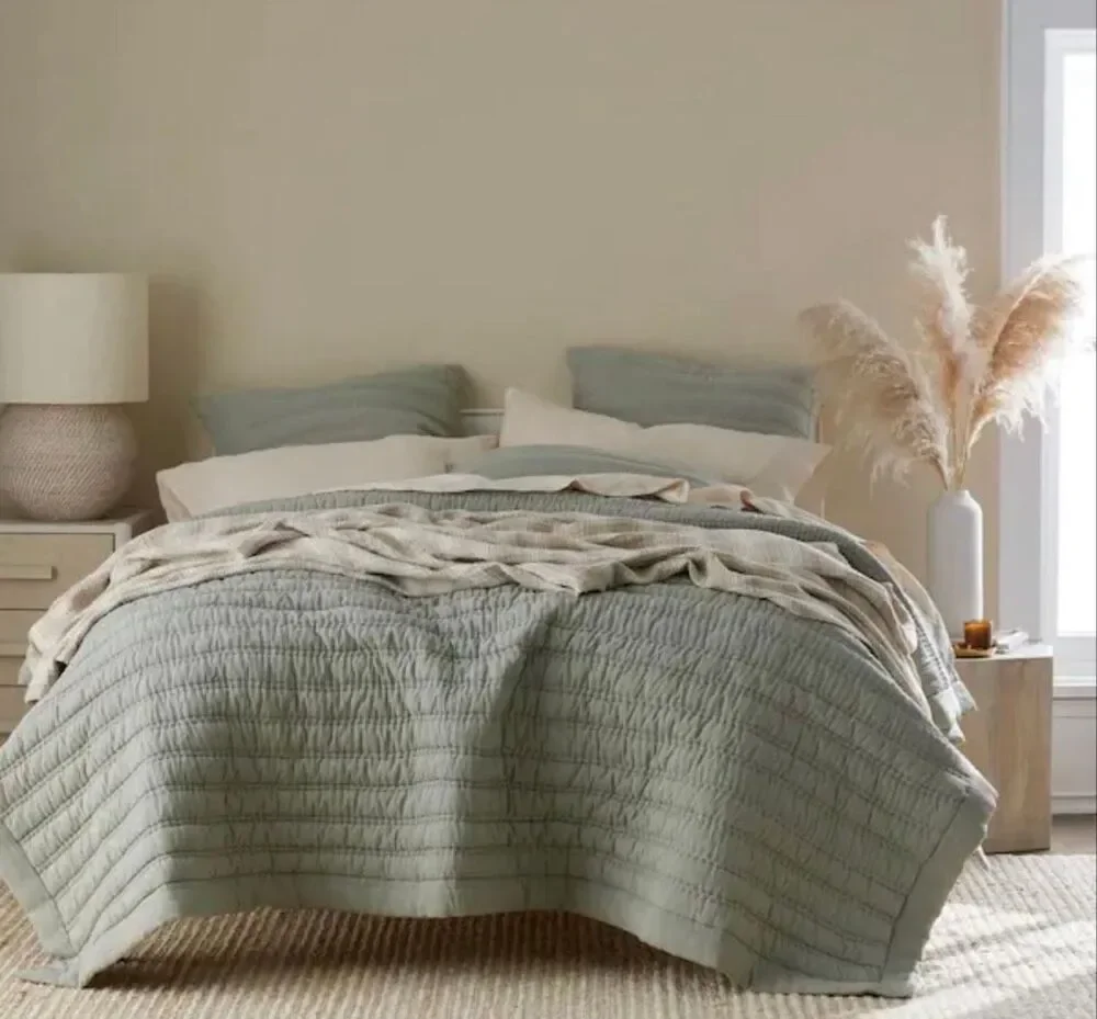 Company Store Legends Hotel Washed Linen Plush Quilt Comforter- Moss Green, King